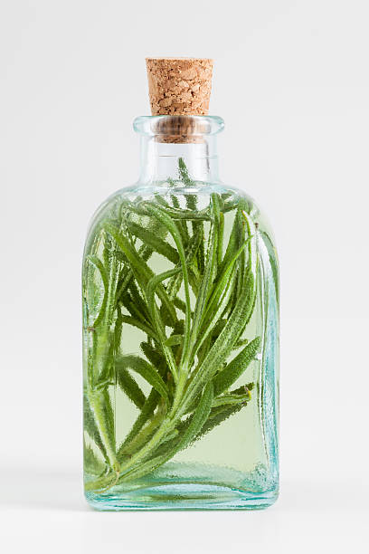 flasche ätherisches rosmarinöl oder infusion auf weiß. - vinegar bottle herb white stock-fotos und bilder