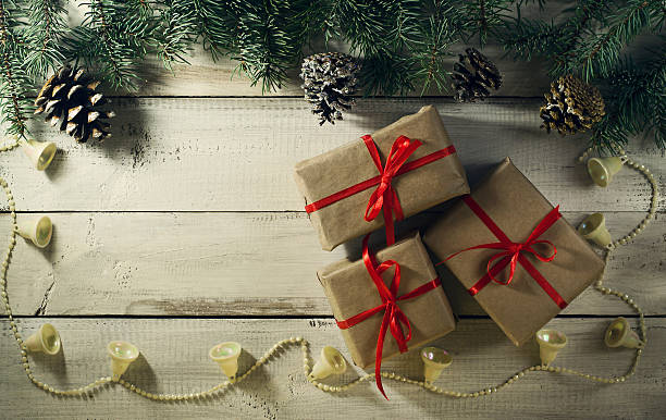 istock Christmas composition with gifts . Top view and copy space 627372228