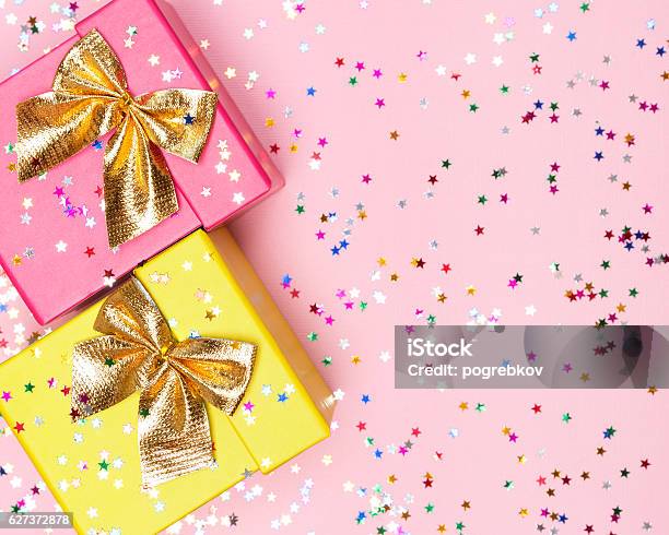 Celebratory Background With Color Gift Boxes And Confetti Stock Photo - Download Image Now