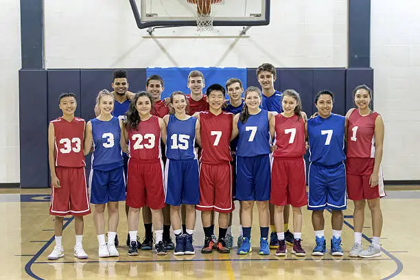Photo of Co-ed high school basketball team lined up on the court