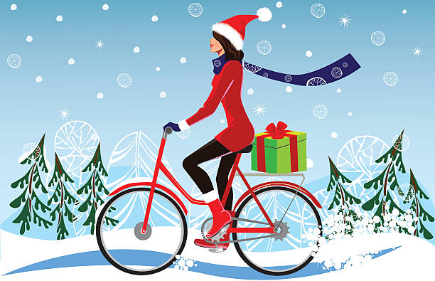 girl on bicycle carries Christmas gifts vector art illustration