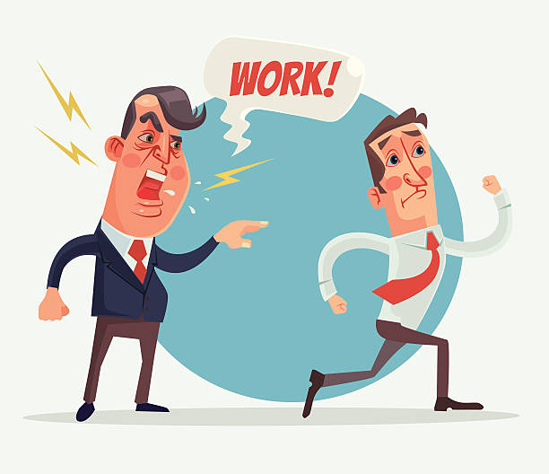 ilustraciones, imágenes clip art, dibujos animados e iconos de stock de personajes enojados de jefe y empleador. ilustración de dibujos animados planos vectoriales - manager rudeness bossy using voice