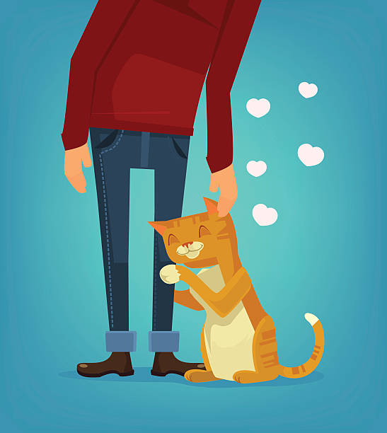 귀여운 고양이 캐릭터는 주인을 껴안습니다. 벡터 플랫 만화 일러스트레이션 - human face dog symbol animal stock illustrations