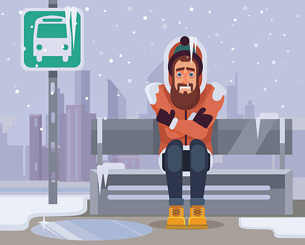 bildbanksillustrationer, clip art samt tecknat material och ikoner med frozen man character waiting for bus for long time - snuva man