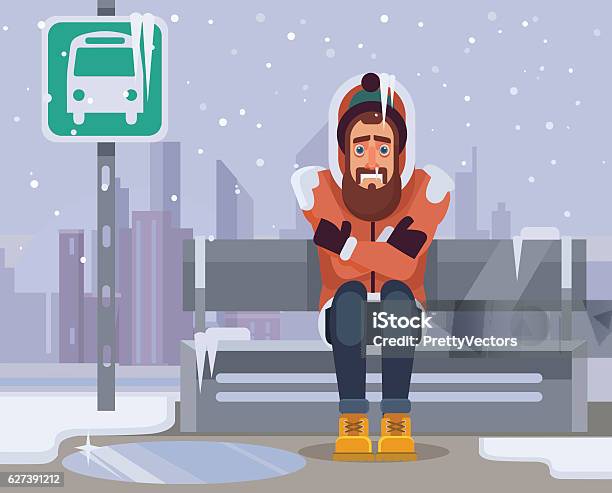 Frozen Man Character Waiting For Bus For Long Time Stock Illustration - Download Image Now - Cold Temperature, Frozen, Cold And Flu