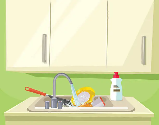 Vector illustration of Sink full of dirty dishes. Vector flat cartoon illustration