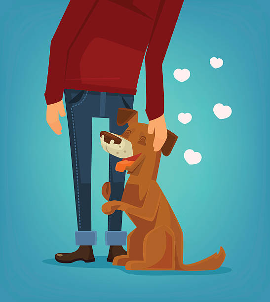 ilustrações de stock, clip art, desenhos animados e ícones de cute dog character hug his owner. vector flat cartoon illustration - mixed breed dog illustrations