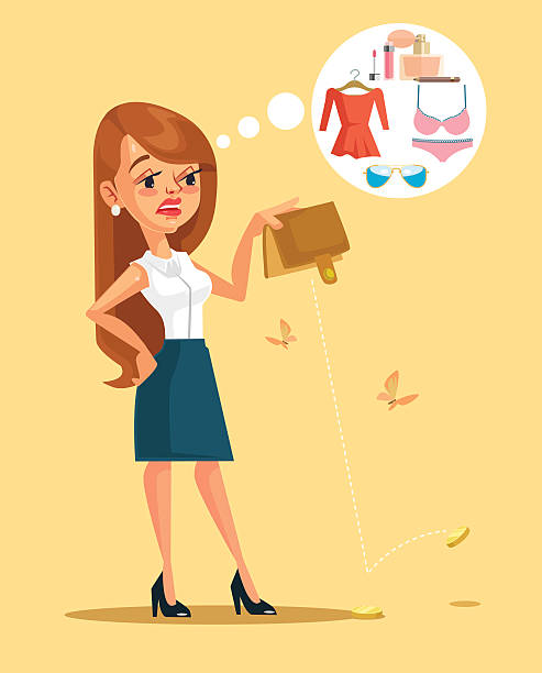 ilustrações de stock, clip art, desenhos animados e ícones de woman character spent all her money. vector flat cartoon illustration - credit crunch wallet home finances credit card