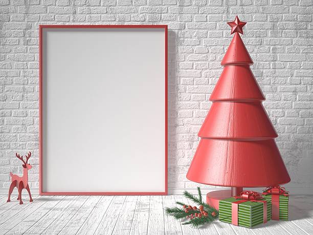 istock Mock up blank picture frame, Christmas tree decoration and gifts 627397408