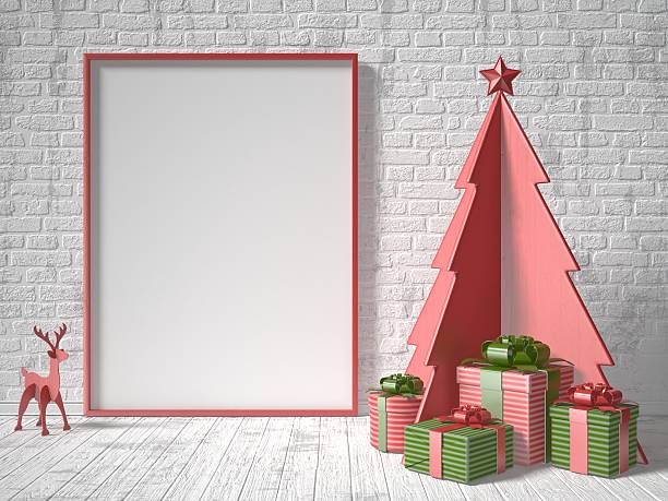 istock Mock up blank picture frame, Christmas tree decoration and gifts 627397544