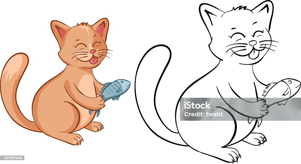 Coloring book page with funny cartoon cat with fish. Coloring book page for kids with funny cartoon cat with fish. Vector illustration Animal stock vector