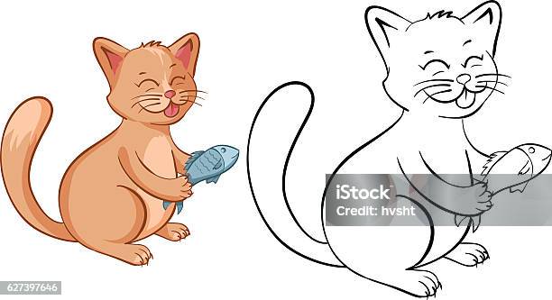 Coloring Book Page With Funny Cartoon Cat With Fish Stock Illustration - Download Image Now