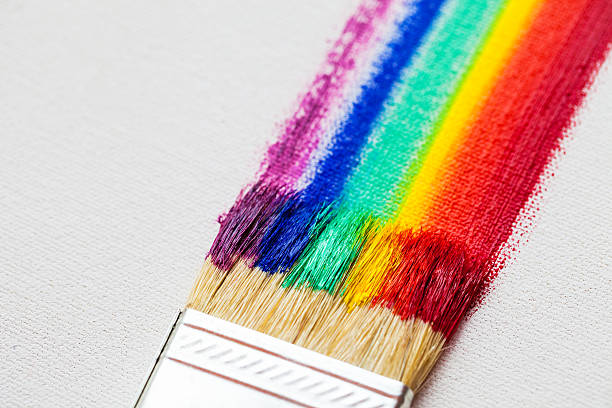 istock Flat paintbrush and multicolor rainbow brush strokes on canvas 627398920
