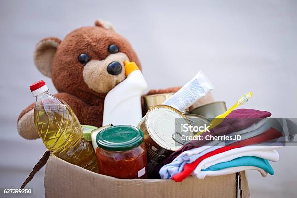 Donation Box With Stuff Stock Photo - Download Image Now - Charitable Donation, Food, Donation Box