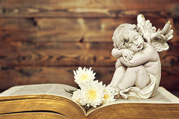 istock Angel and white flowers on old book 627400058