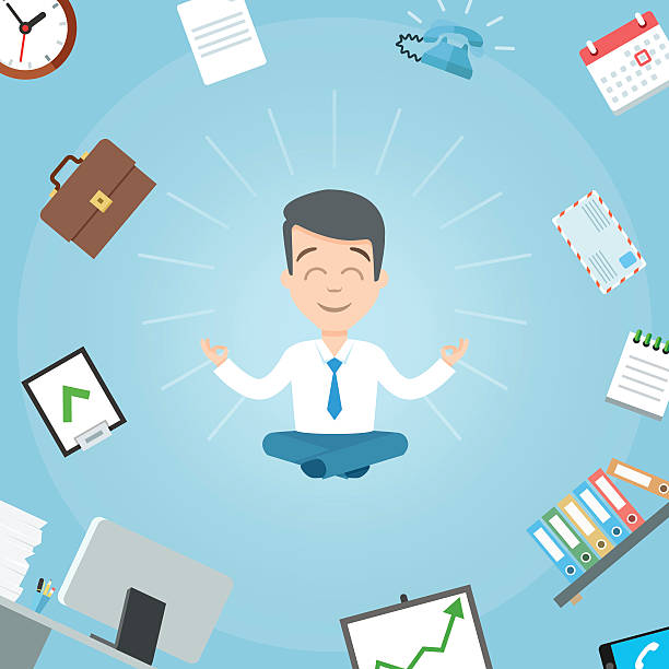 ilustrações, clipart, desenhos animados e ícones de feliz homem de negócios meditando no escritório. escritório de yoga empresarial - telephone hysteria business men