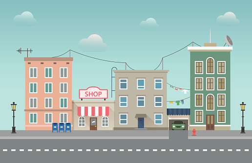 Day city urban landscape. Small town vector illustration in flat style