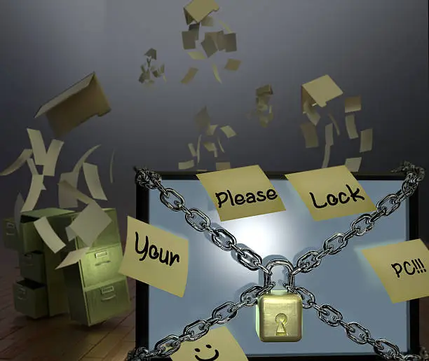 This image was created in 2016 and used 3D rendering software. The chained and locked monitor communicate the need for digital security. The loose papers and empty file cabinets emphasize the vulnerability of digital files and data.