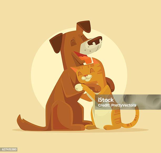 Кошка И Собака Символов Лучших Счастливых Друзей — стоковая векторная графика и другие изображения на тему Домашняя кошка - Домашняя кошка, Собака, Животное