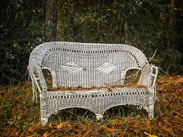 istock Old White Wicker  Chair in the Woods 627418366