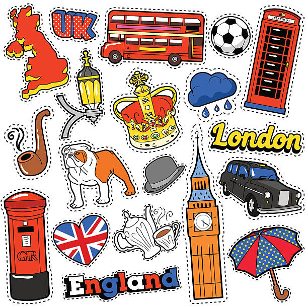 ilustraciones, imágenes clip art, dibujos animados e iconos de stock de inglaterra viajes scrapbook pegatinas, parches, insignias - moda londinense