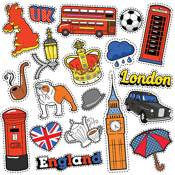 ilustrações, clipart, desenhos animados e ícones de adesivos de scrapbook de viagem da inglaterra, patches, crachás - big ben london england uk british culture