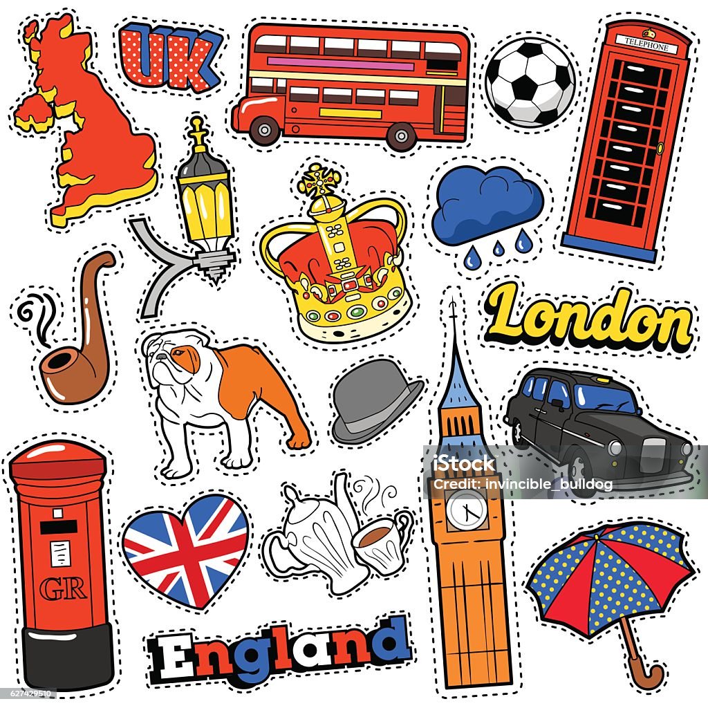 England Travel Scrapbook Stickers, Patches, Badges England Travel Scrapbook Stickers, Patches, Badges for Prints with London Taxi, Royal Crown and British Elements. Comic Style Vector Doodle London - England stock vector