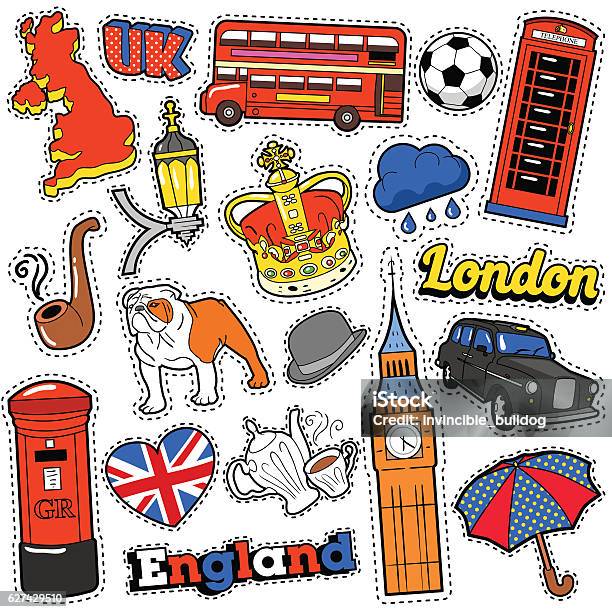 England Travel Scrapbook Stickers Patches Badges Stock Illustration - Download Image Now - London - England, Doodle, British Culture