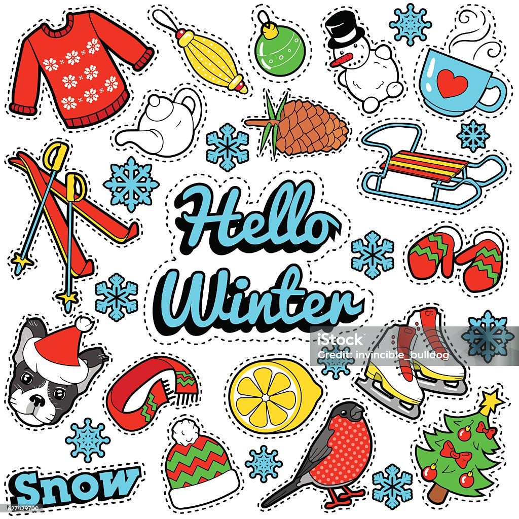 Hello Winter Stickers Badges Patches Decoration Stock Illustration -  Download Image Now - Pattern, 1980-1989, Christmas Tree - iStock