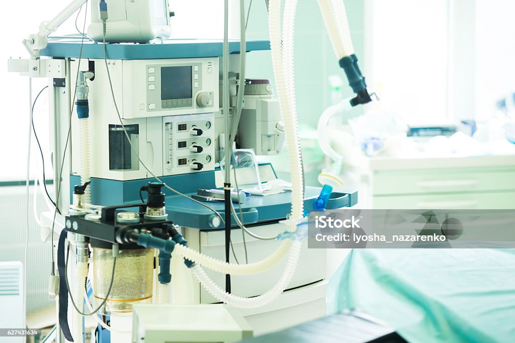 Anesthesia machine in hospital operating room Anesthesia machine in hospital operating room. Surgical equipment at medical clinic. Operating room before surgery. Anesthetic Stock Photo