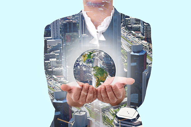 istock Modern interface double exposure concept with businesswoman 627446848