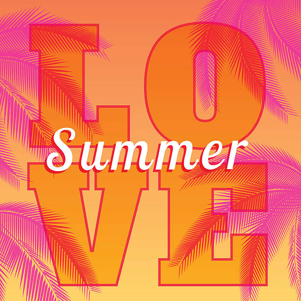 istock Yellow lettering LOVE with pink palm leaves 627447868
