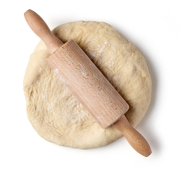 fresh raw dough and rolling pin - dough sphere kneading bread imagens e fotografias de stock