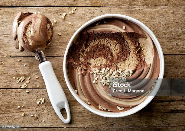 Chocolate And Peanut Ice Cream Stock Photo - Download Image Now - Ice Cream, Textured, Table