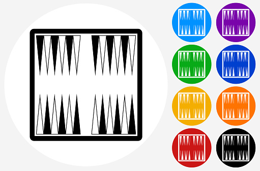 Backgammon Board Game Icon on Flat Color Circle Buttons. This 100% royalty free vector illustration features the main icon pictured in black inside a white circle. The alternative color options in blue, green, yellow, red, purple, indigo, orange and black are on the right of the icon and are arranged in two vertical columns.