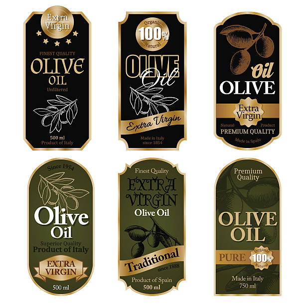 Olive oil labels on white background Set of black and green olive oil labels on white background vector illustration insignia healthy eating gold nature stock illustrations