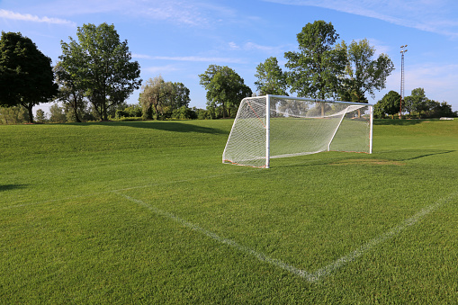 A view of a net on a vacant soccer pitch in morning light.