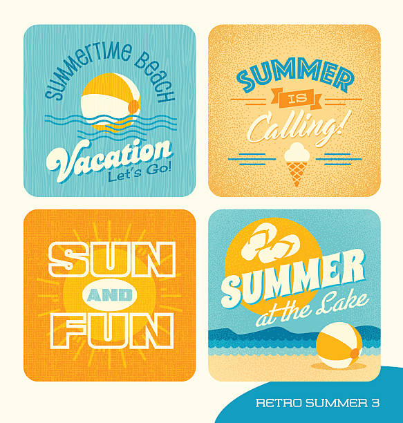 ilustrações, clipart, desenhos animados e ícones de elementos de design retrô de férias de verão para cartões, banners, camisetas - surfing sunlight wave sand