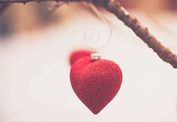 istock Glittery heart ornaments hanging on outdoor tree with fresh snowfall 627458212