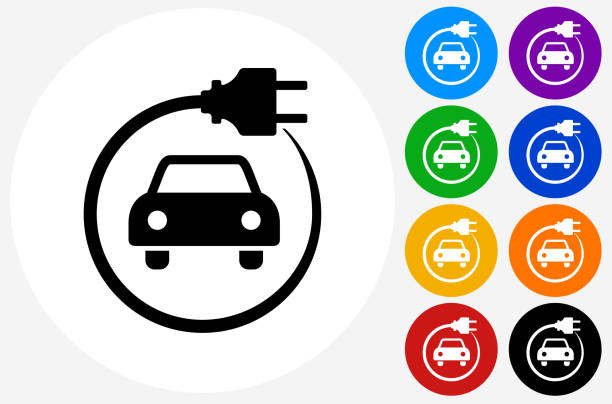 elektroauto-symbol auf flachen farbkreis tasten - car white background isolated on white orange stock-grafiken, -clipart, -cartoons und -symbole