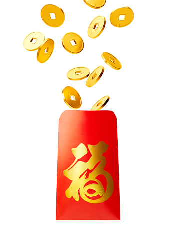 Red packet with gold coins isolated on white, Chinese calligraphy \