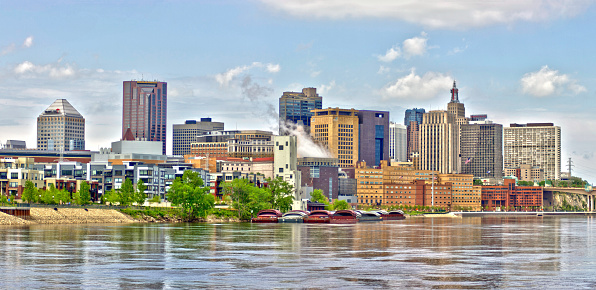 A panoramic shot of the Saint Paul skyline along the Mississippi River in high dynamic range.