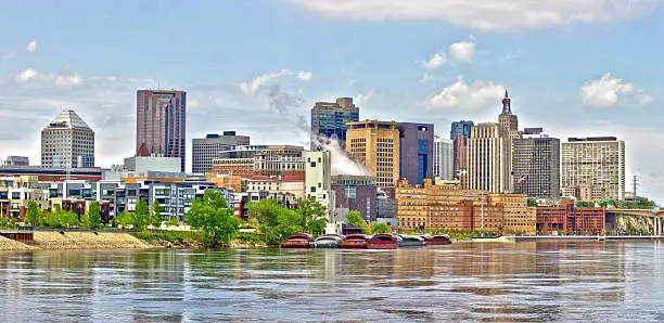 A panoramic shot of the Saint Paul skyline along the Mississippi River in high dynamic range.