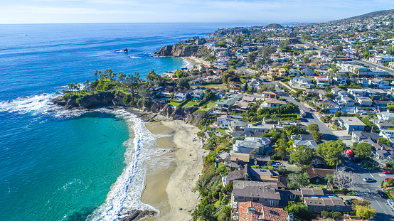 A view of Shaw's Cove and Crescent Bay in Laguna Beach, Southern California. Laguna Beach is a beach community that is a popular tourism destination and is located in Orange County.