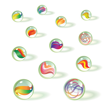 vector set of realistic toy glass marbles with reflective shadows