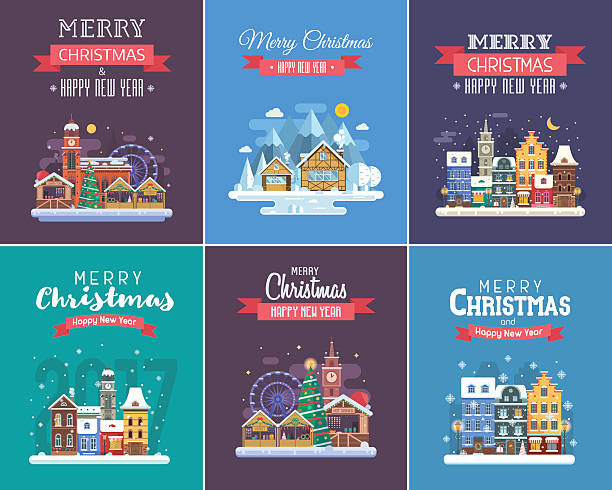 kartki z życzeniami noworocznymi i bożonarodzeniowymi - christmas market stock illustrations