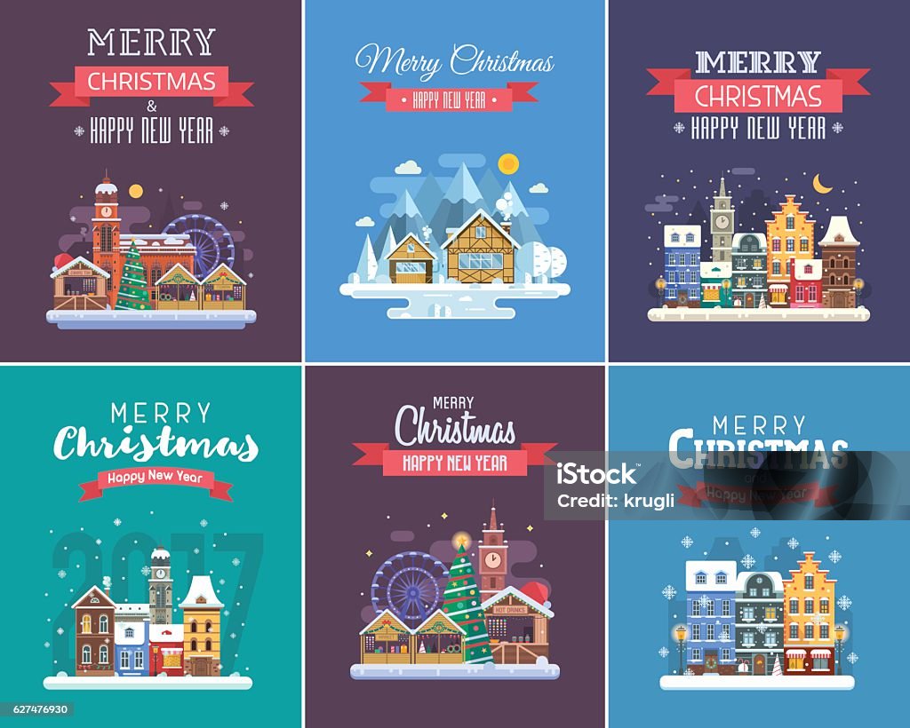 New Year and Christmas Greeting Cards New Year and Christmas greeting cards. Winter holidays congratulation templates in flat design. Christmas and New Year wishing cards with traditional celebration text and winter festive backgrounds. Christmas stock vector