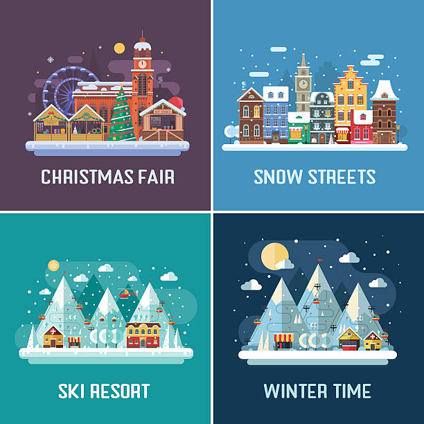 winterreiselandschaften - weihnachtsmarkt stock-grafiken, -clipart, -cartoons und -symbole