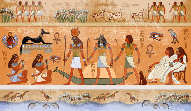 Ancient Egypt scene, mythology. Egyptian gods and pharaohs Ancient Egypt scene, mythology. Egyptian gods and pharaohs. Hieroglyphic carvings on the exterior walls of an ancient temple. Egypt background. Murals ancient Egypt. ancient egyptian culture stock illustrations