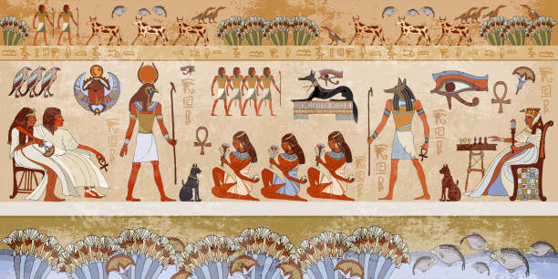 starożytna scena egiptu. murale starożytnego egiptu. - hieroglyphics egypt egyptian culture nefertiti stock illustrations